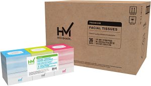 Highmark facial tissues, 3 colorful boxes in front of a large brown packaging box, labeled for 36 boxes.