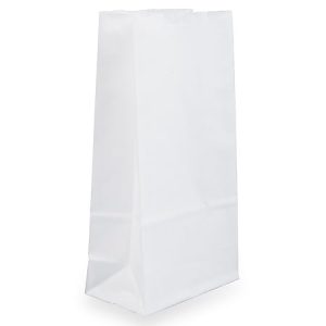White paper bag standing upright on a white background.