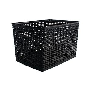 Black woven plastic storage basket with handles on each side, suitable for organizing items.