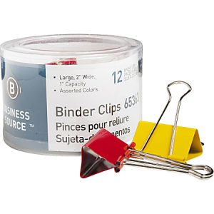 Jar of Business Source binder clips, 12 assorted colors, with red and yellow clips displayed in front.