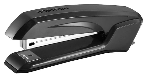 Black Bostitch desktop stapler, angled view, with metallic accents, designed for efficient paper stapling.