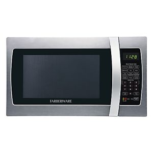 Stainless steel Farberware microwave with digital display and keypad, showing the time 1:28.