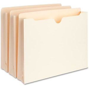 Three beige accordion file folders stacked together against a white background.