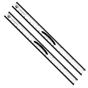 Two white meter sticks with black handles and measurement markings in inches and centimeters.