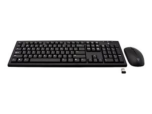 Black wireless keyboard and mouse set with a USB receiver on a white background.