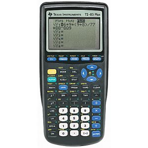 Texas Instruments TI-83 Plus graphing calculator displaying equations on screen with various function keys visible.