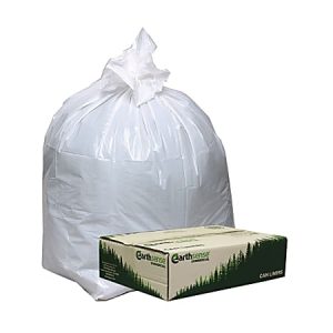 White trash bag filled and tied, next to a green box labeled "Earthsense" with forest imagery.