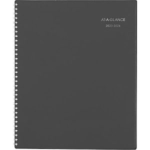 Black spiral-bound planner, "AT-A-GLANCE 2023-2024" printed on cover.