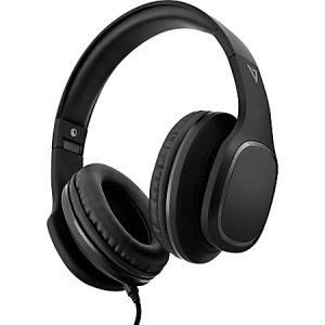 Black over-ear headphones with cushioned ear pads and an adjustable headband, featuring a wired connection.