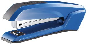 Blue and black stapler with a modern design, featuring a chrome metal staple compartment.