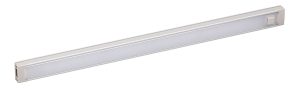 Rectangular LED light bar with a white frame and end cap, angled view. Ideal for under-cabinet lighting.