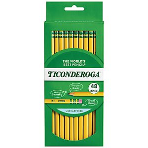 Green packaging of Ticonderoga pencils, labeled "The World's Best Pencil," displays 48 unsharpened yellow pencils.