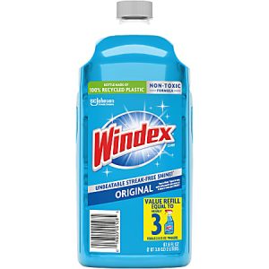 Windex Original glass cleaner bottle, 2-liter size. Features streak-free shine, non-toxic formula, and made from recycled plastic.