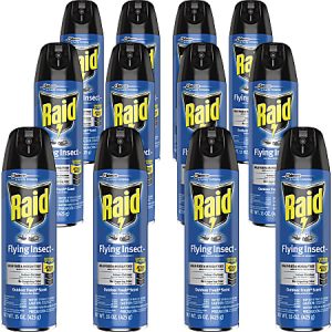 Twelve cans of Raid Flying Insect spray with blue labels, black caps, and 15 oz capacity each.