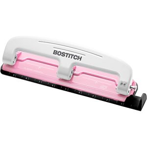 Bostitch EZ Squeeze Three-Hole Punch, InCourage, 12 Sheet Capacity, Pink/White