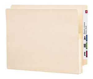 Manila folder with colored indexing tabs and labeled names visible on the side, standing upright against a white background.