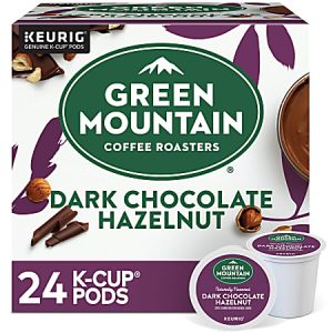 Green Mountain Coffee Roasters Dark Chocolate Hazelnut K-Cup Pods box, showing 24 pods with chocolate and hazelnut graphics.