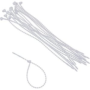 White reusable zip ties with adjustable loops, arranged in a fanned layout, one zip tie fastened in a circular shape.