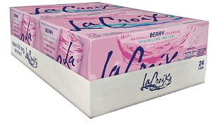 Pack of 24 LaCroix Berry sparkling water cans, pink packaging with blue lettering.