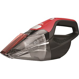 Red and black handheld vacuum cleaner with a clear dust container and ergonomic handle.