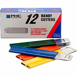 Box of 12 Pacific Handy Cutters with four colorful metal cutters: blue, green, red, and yellow, featuring replaceable blades.