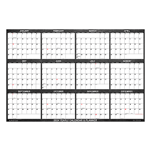 2024 yearly wall calendar with months January to December, featuring highlighted weekends and holidays in red.