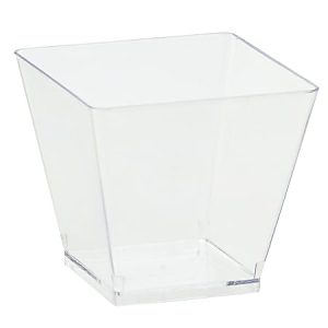 Clear plastic square cup with a slight flair and transparent sides, suitable for desserts or appetizers.
