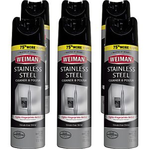 Six cans of Weiman Stainless Steel Cleaner & Polish with a streak-free shine formula, promising 75% more content.