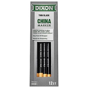 Dixon thin black China markers, 12-count, ideal for marking on various surfaces, with easy peel-off wrapper. No sharpening needed.