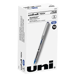 Box of Uni-ball Vision roller pens, fine tip, 0.7mm, blue ink, 12 count, featuring waterproof, fade-proof ink.