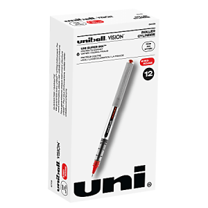 Box of Uni-ball Vision roller pens, red ink, pack of 12, with Uni Super Ink and a visible pen image on the front.