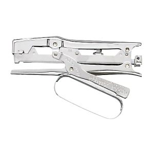 Silver handheld stapler with a sleek design, displaying two handles and visible internal mechanisms.