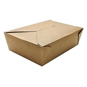 Brown cardboard takeaway food container with a folded lid.