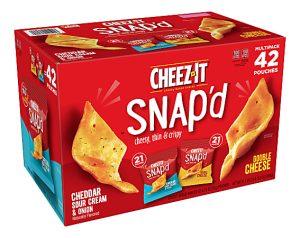 Cheez-It Snap'd variety pack box with 42 pouches, featuring Cheddar Sour Cream & Onion and Double Cheese flavors.