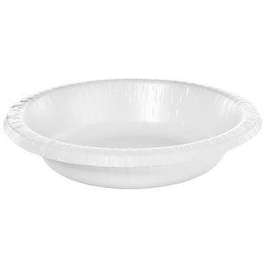White disposable plastic bowl with a raised rim, placed on a plain background, suitable for serving food.