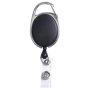Black retractable badge reel with a metal carabiner clip and clear strap, designed for securing ID badges.