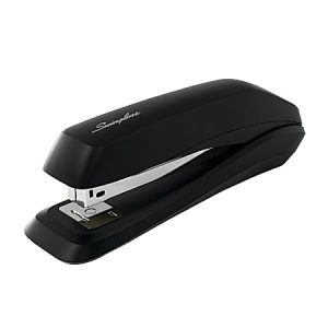 Black Swingline stapler on a white background, showing a sleek design with a chrome lever.