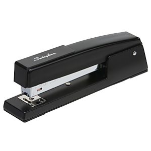 Black Swingline stapler with a sleek, rectangular design on a white background.