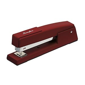Red Swingline desktop stapler on a white background.