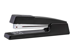 Black desktop stapler on a white background, with a metal stapling mechanism visible.