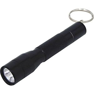 Black mini flashlight with textured grip and keyring attachment.