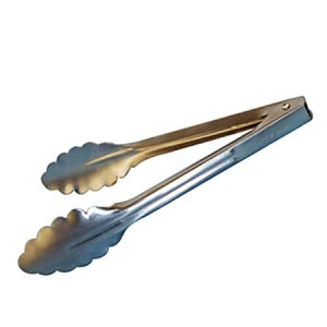 Metal kitchen tongs with scalloped edges, used for gripping and serving food.