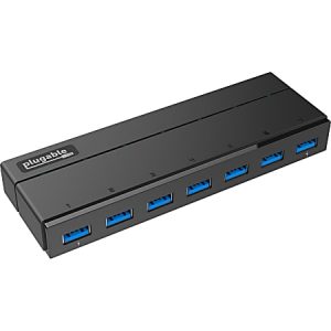 Black USB hub with seven USB 3.0 ports, labeled 1 to 7, featuring a "Plugable" logo on the top left.