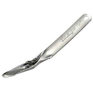 Silver corn plane callus remover with a textured metal handle and a small hole at the end for hanging.