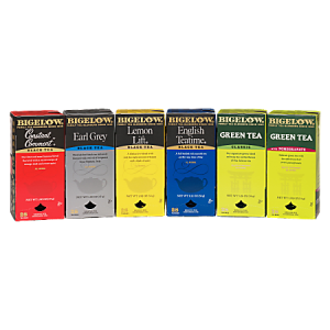 Assorted Bigelow tea boxes, including Earl Grey, Lemon Lift, and Green Tea, displayed side by side.