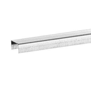Row of silver metal staples aligned side by side, isolated on a white background.