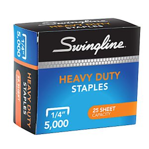 Box of Swingline heavy-duty staples, 1/4 inch, 5,000 count, 25 sheet capacity.