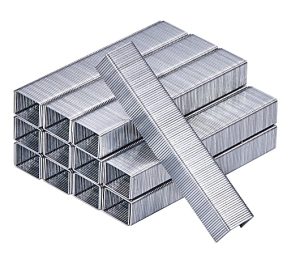 Stacks of metal staples arranged neatly, with one strip propped on top.