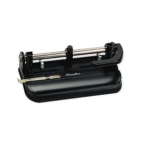Black Swingline adjustable three-hole puncher with metal guide and base, viewed from above on white background.