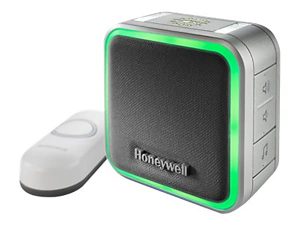 Honeywell wireless doorbell with a square speaker featuring green LED trim and a white push button.